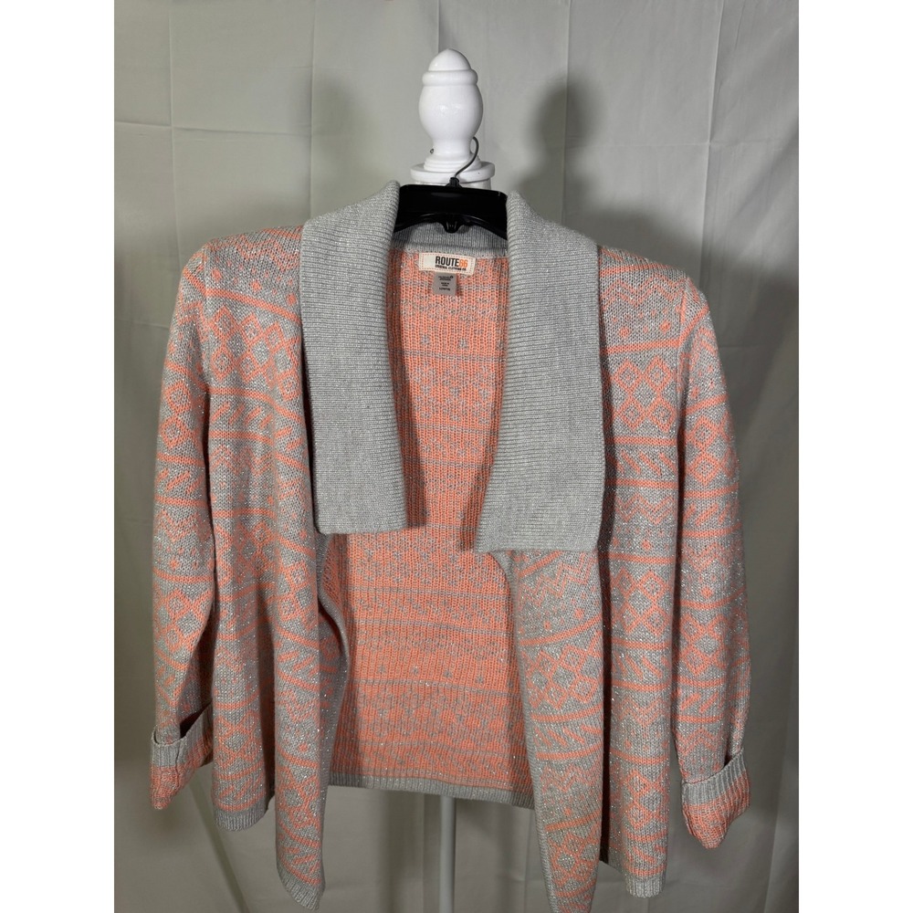 Route 66 Girls Size L‎ Coral Gray Geometric Pattern Sparkle Cardigan Sweater